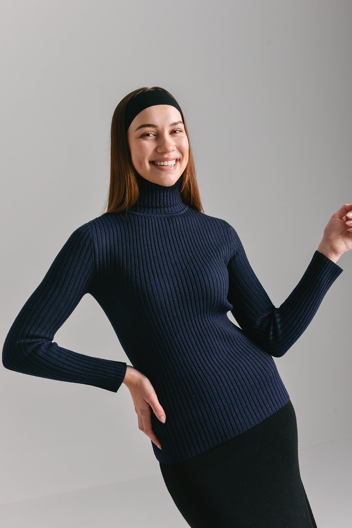 Turtleneck Merino Ribbed Top - Deep Navy