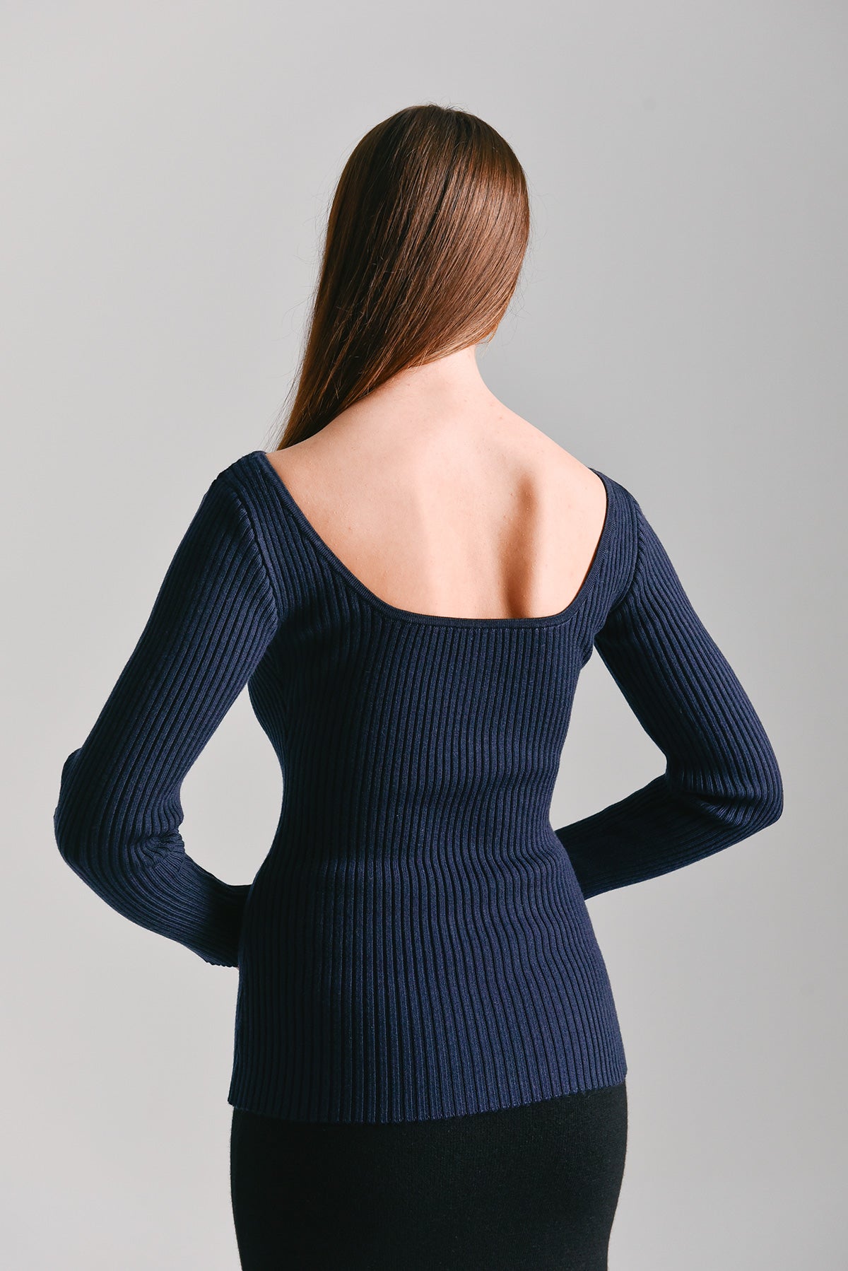 Merino Ribbed Square Neck Top - Deep Navy