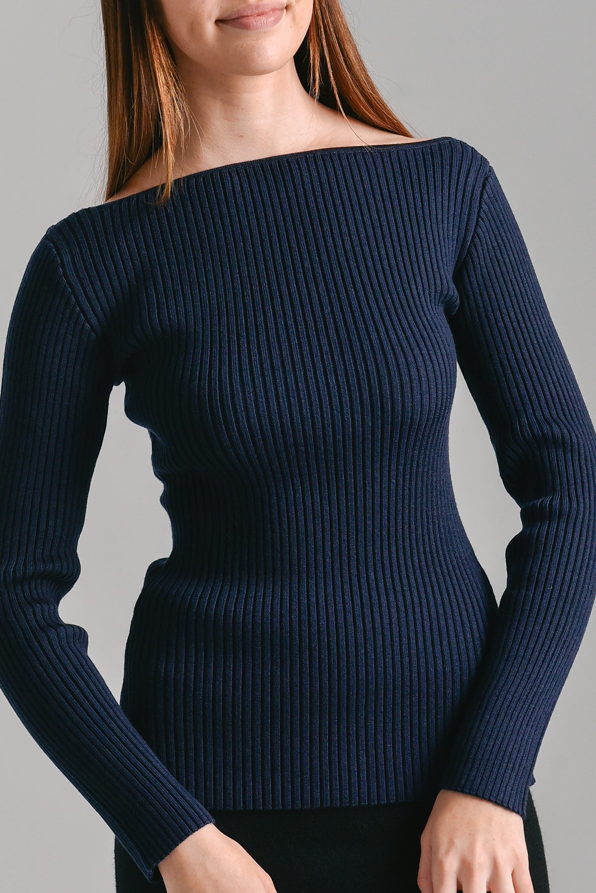 Merino Ribbed Square Neck Top - Deep Navy